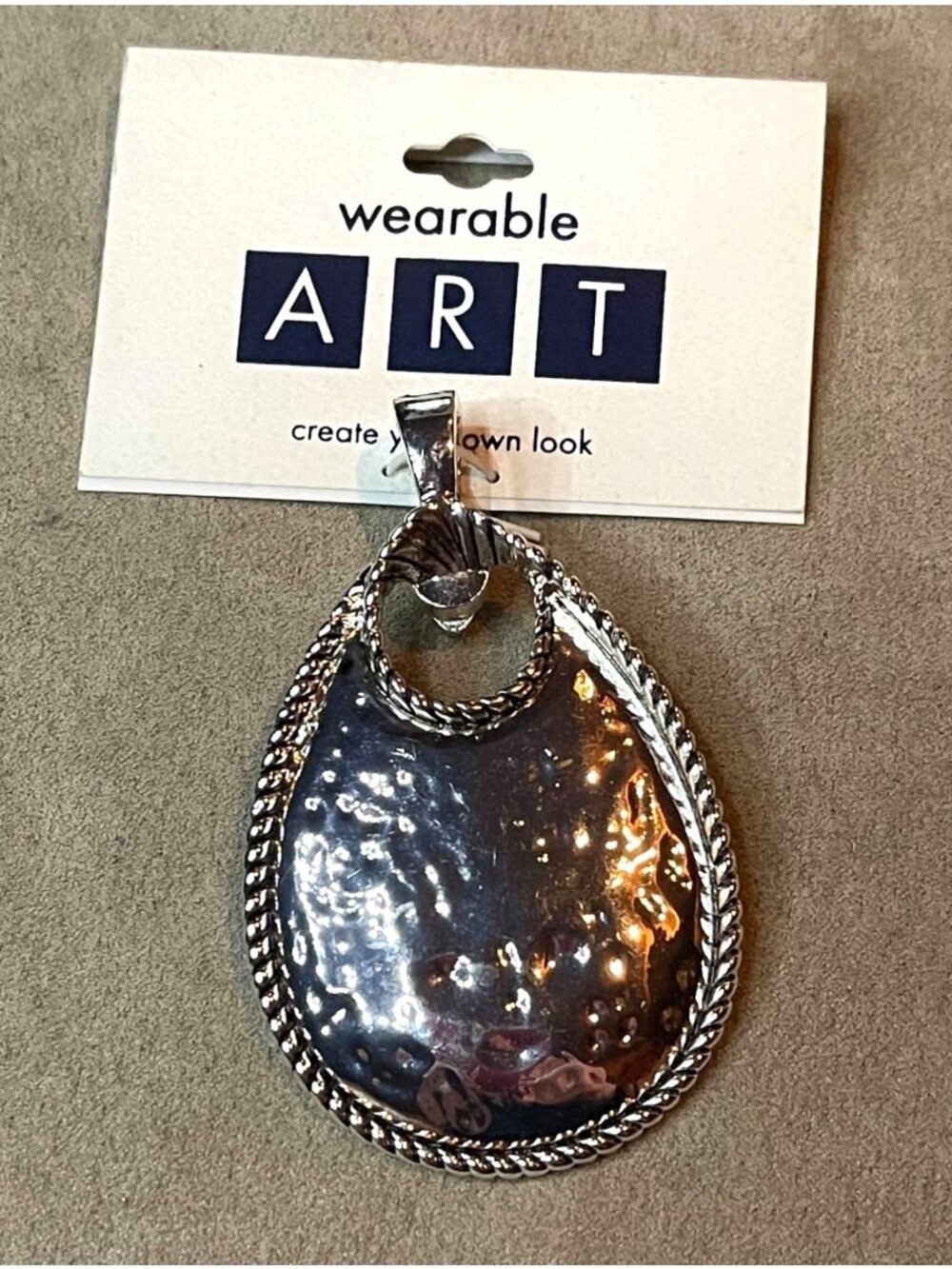 Wearable Art by Roman Silver Hammered Teardrop Magnetic Enhancer Pendant Rope NW